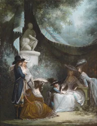 Szene im Freien mit Mann, Junge und Frauen in Kleidung um 1780